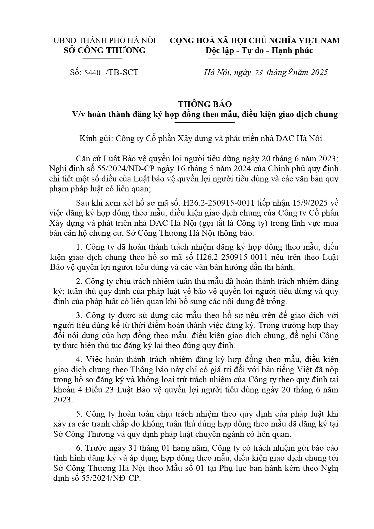 Thông báo về việc hoàn thành đăng ký hợp đồng theo  mẫu, điều kiện giao dịch chung